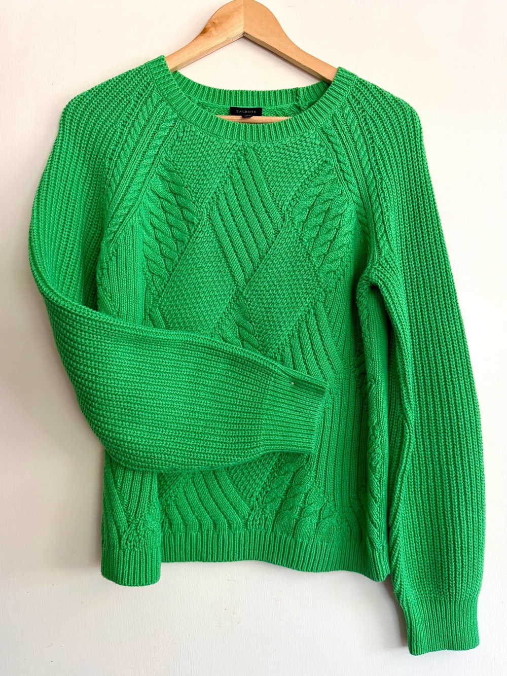 Talbots Bright Green Cable-Knit Crewneck Sweater Sz S